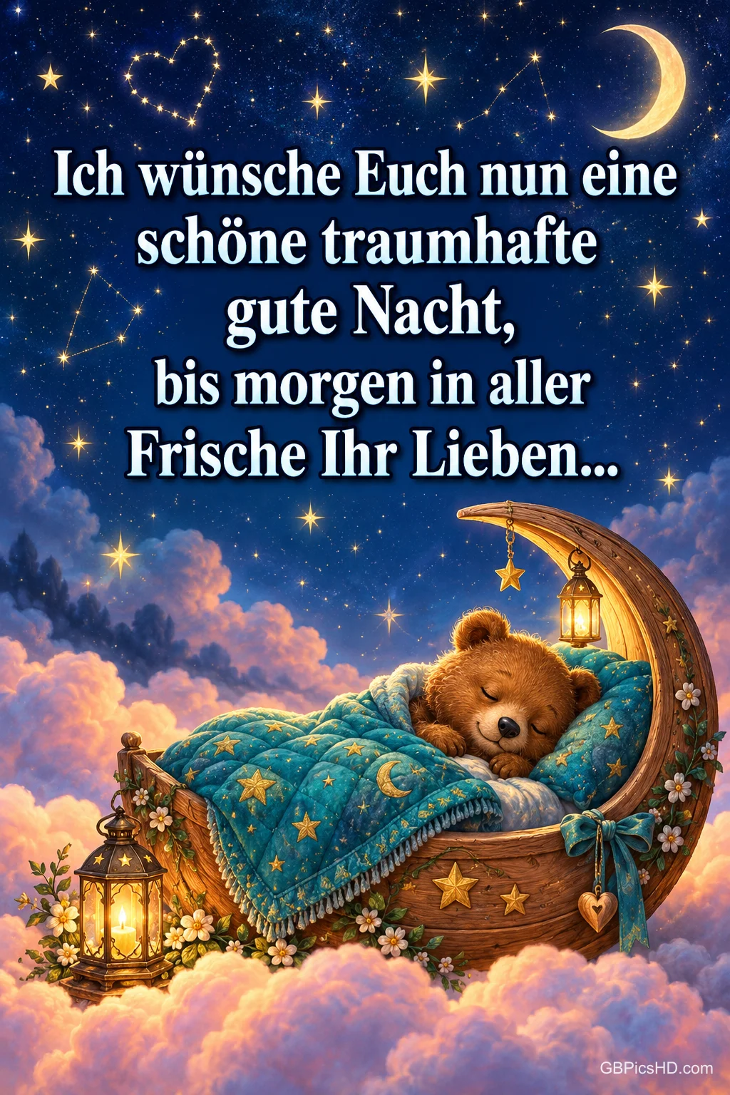 Ein Teddybär schläft unter einer Sternendecke in einem hölzernen Halbmondbett auf Wolken, darüber steht "gute Nacht".