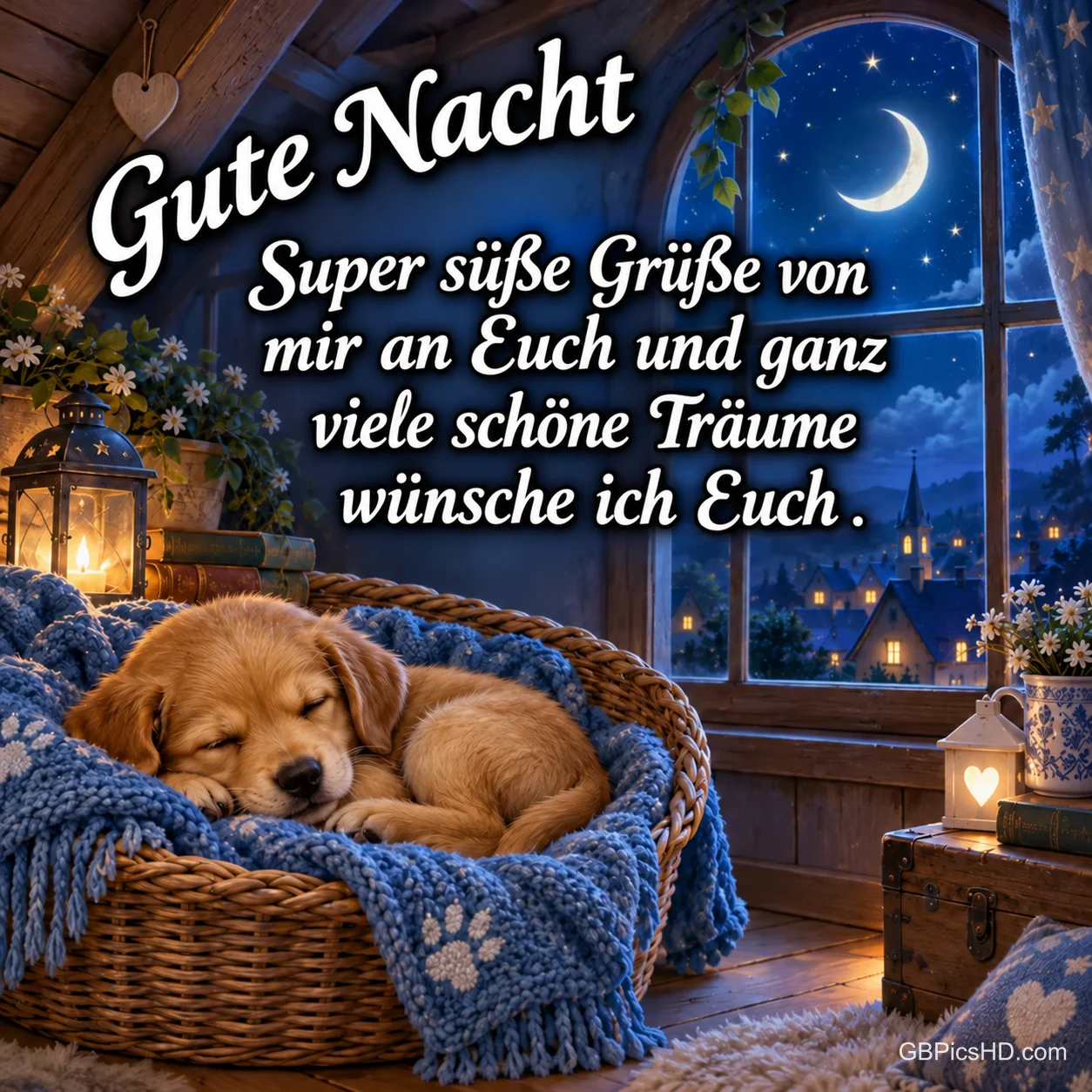 Ein Welpe schläft auf einer blauen Decke im Weidenkorb vor einem Fenster mit Mondsichel, darüber steht "Gute Nacht".
