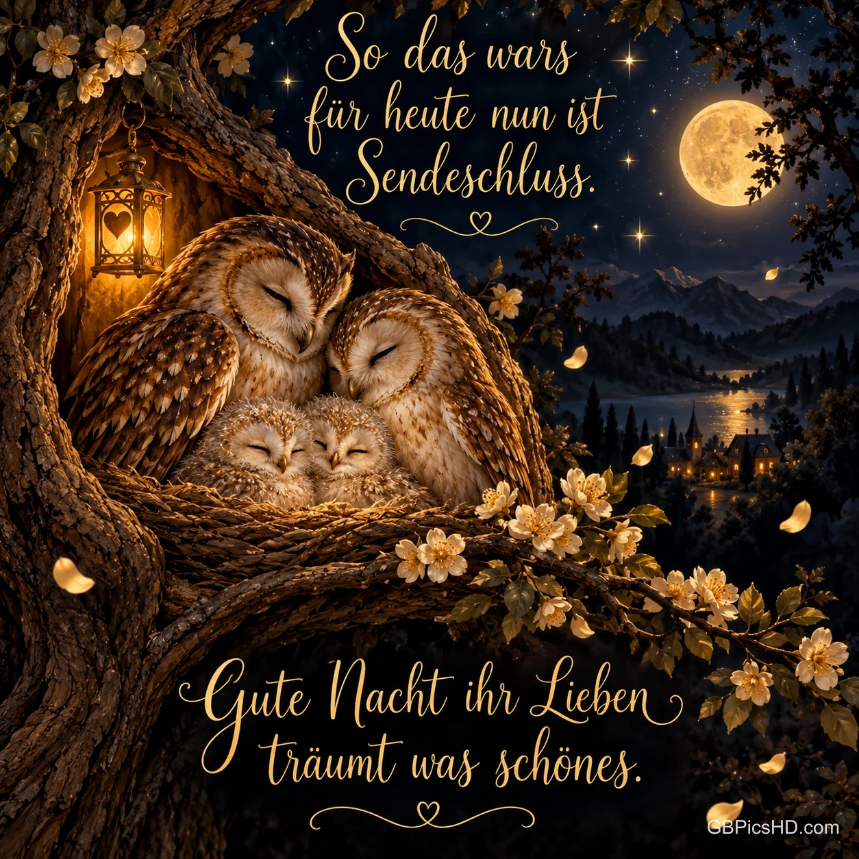 Eine Eulenfamilie schläft im Nest: "So, das war’s für heute, nun ist Sendeschluss. Gute Nacht, ihr Lieben, träumt was Schönes.".