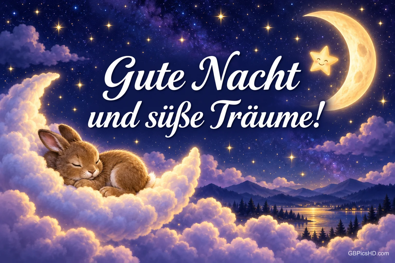 Ein Häschen schläft auf einer Wolke unter Sternen und einer leuchtenden Mondsichel: "Gute Nacht und süße Träume!".