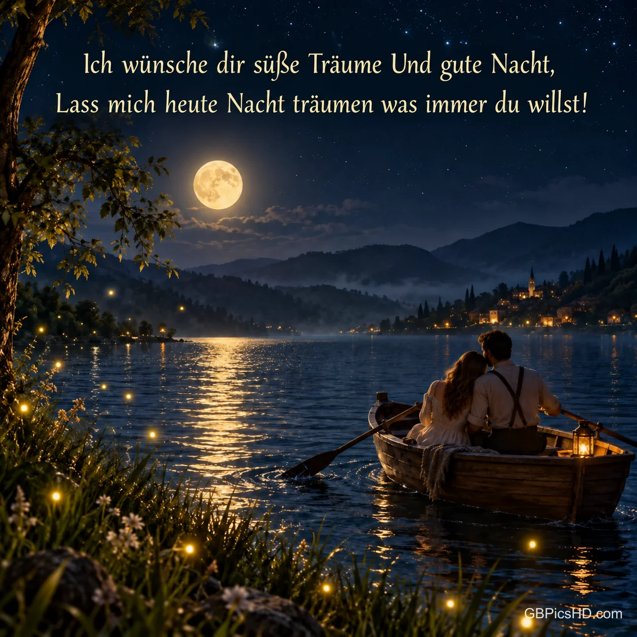 Ein Paar sitzt im Boot: "Ich wünsche dir süße Träume und gute Nacht, lass mich heute Nacht träumen irgendwas du willst!".