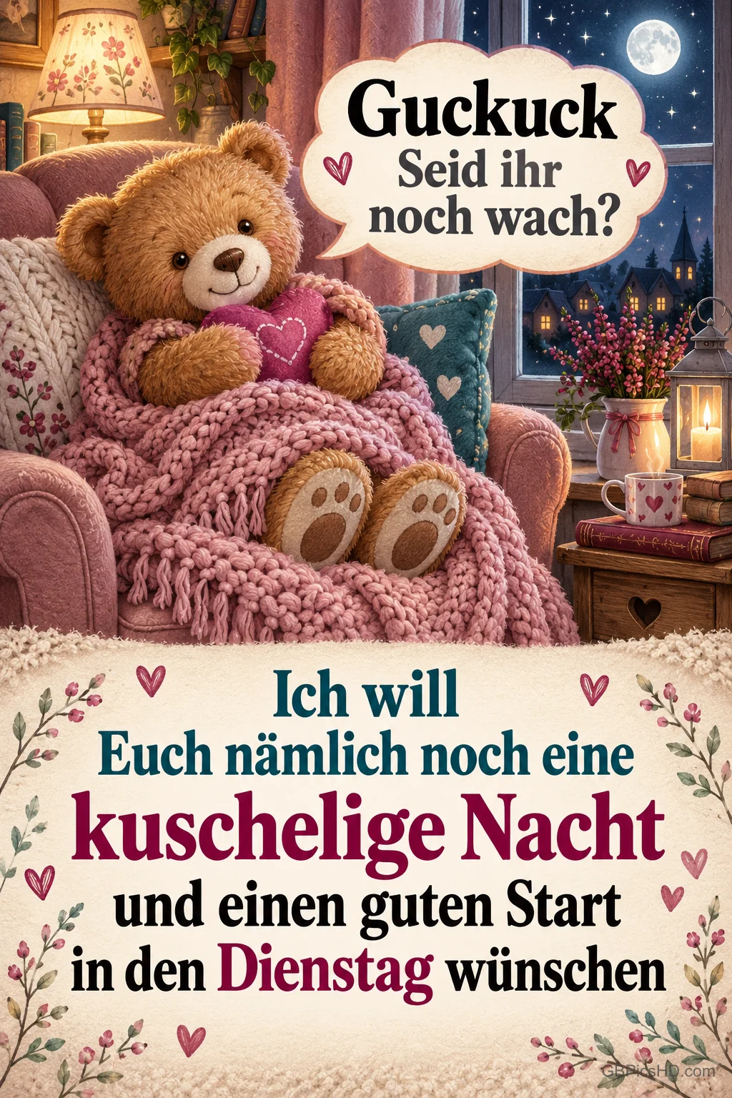 Ein Teddybär sitzt mit einem rosa Herz unter einer Strickdecke im Sessel; die Sprechblase fragt "Seid ihr noch wach?".