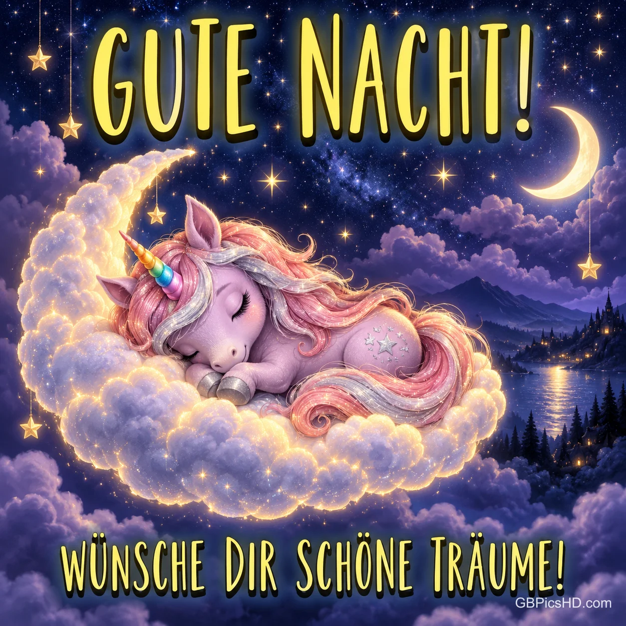 Ein rosa Einhorn schläft auf einer leuchtenden Wolkenmondsichel über einem See unter Sternen, dazu steht "GUTE NACHT!".