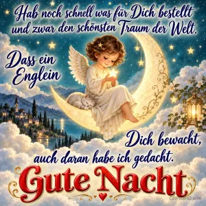 Ein kleiner Engel hält einen leuchtenden Stern auf einer Mondsichel neben einer schlafenden Katze; unten steht "Gute Nacht".