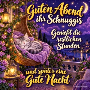 Eine Katze schläft in einem Hängesessel mit violetter Decke auf einer blühenden Terrasse, daneben steht "Guten Abend".