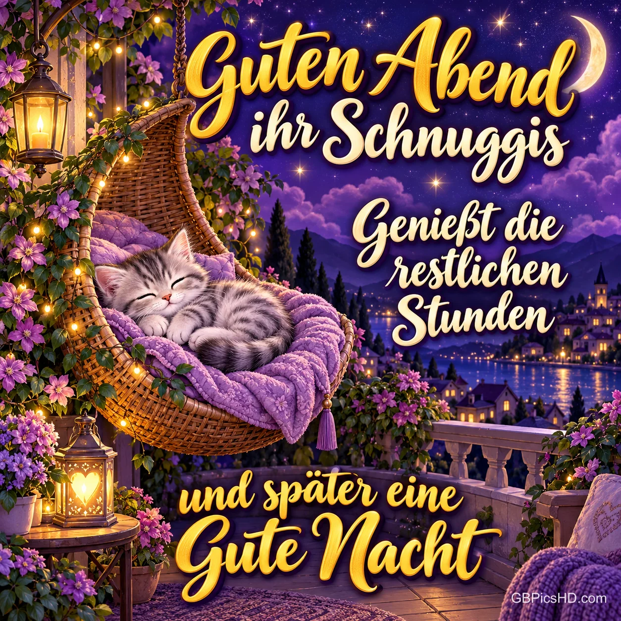 Eine Katze schläft in einem Hängesessel mit violetter Decke auf einer blühenden Terrasse, daneben steht "Guten Abend".