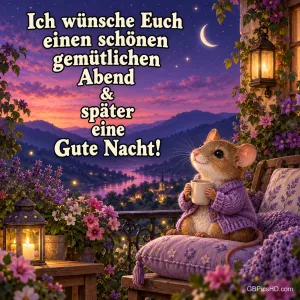 Eine Maus mit Tasse sitzt auf einem Balkon: "Ich wünsche Euch einen schönen gemütlichen Abend & später eine gute Nacht!".