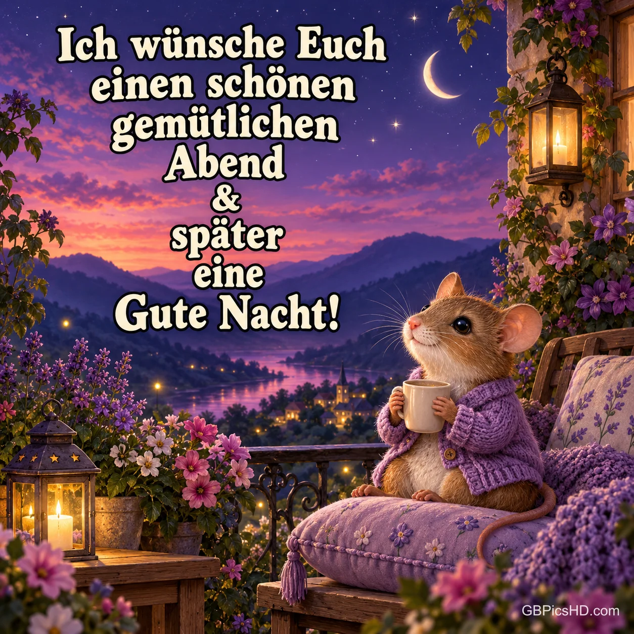 Eine Maus mit Tasse sitzt auf einem Balkon: "Ich wünsche Euch einen schönen gemütlichen Abend & später eine gute Nacht!".
