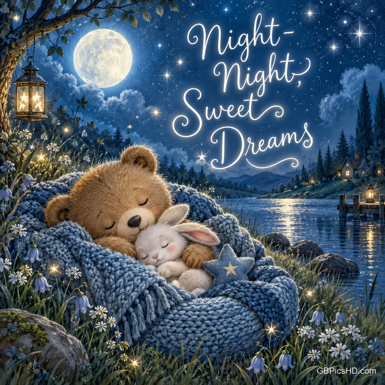 Ein schlafender Bär umarmt ein Kaninchen unter einer blauen Decke am See: "Night-Night, Sweet Dreams".