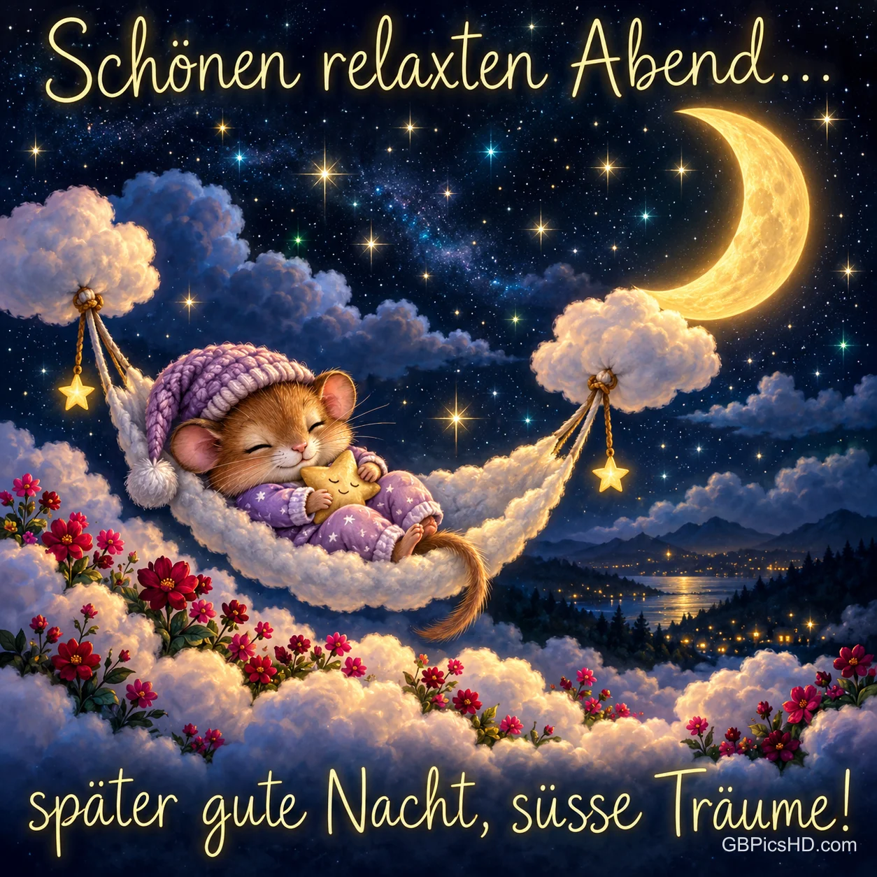 Eine Maus ruht in einer Wolkenhängematte: "Schönen relaxten Abend... später gute Nacht, süße Träume!".