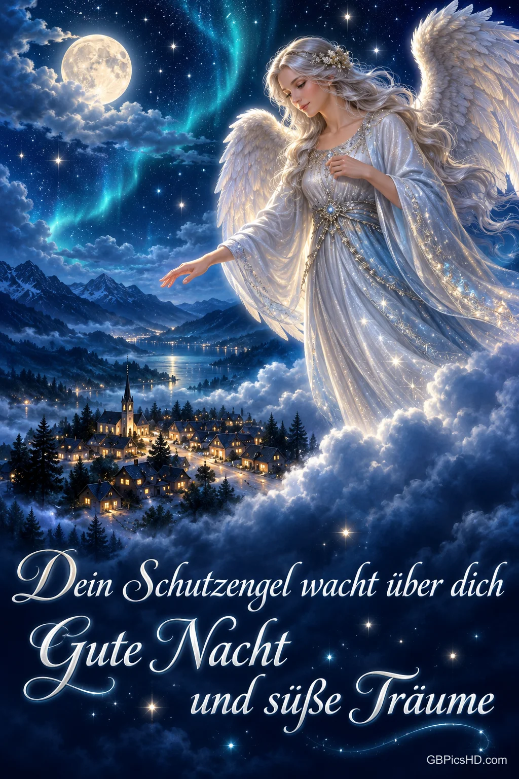 Ein Engel schwebt über einem Dorf im Mondlicht: "Dein Schutzengel wacht über dich Gute Nacht und süße Träume".