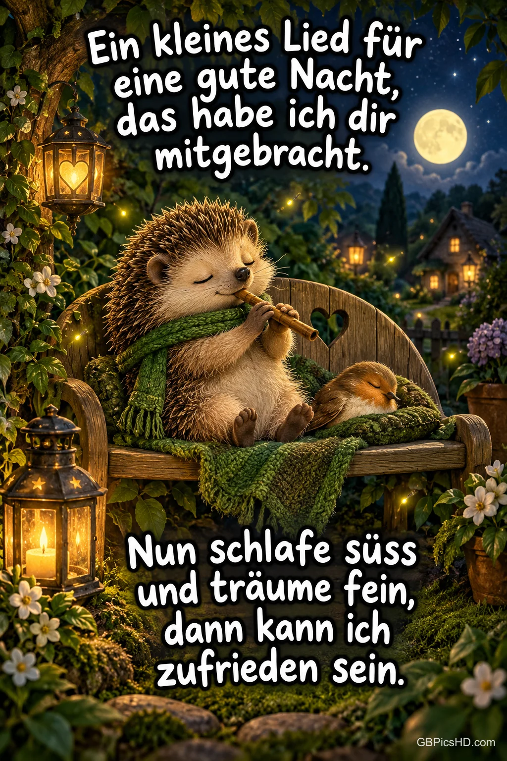 Ein Igel mit Schal spielt auf einer Bank Flöte neben einem schlafenden Vogel; dazu steht "Nun schlafe süß und träume fein".