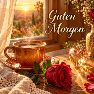 Eine dampfende goldfarbene Kaffeetasse, eine rote Rose und ein gläsernes Herz liegen am sonnigen Fenster unter "Guten Morgen".