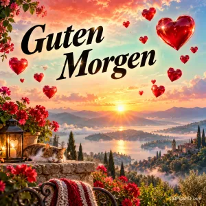 Eine Katze schläft neben einer Laterne über einem See bei Sonnenaufgang; rote Herzen schweben um den Gruß "Guten Morgen".