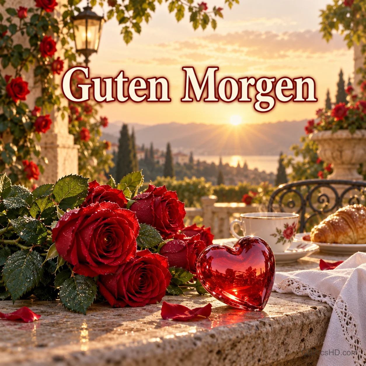 Rote Rosen, ein rotes Glasherz, Kaffee und ein Croissant stehen im Sonnenaufgang auf einer Terrasse mit "Guten Morgen".