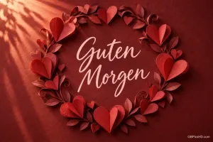 Ein Kranz aus roten Papierherzen und Blättern umrahmt "Guten Morgen" auf rotem Hintergrund.