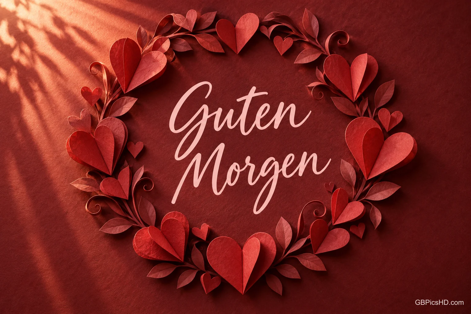 Ein Kranz aus roten Papierherzen und Blättern umrahmt "Guten Morgen" auf rotem Hintergrund.