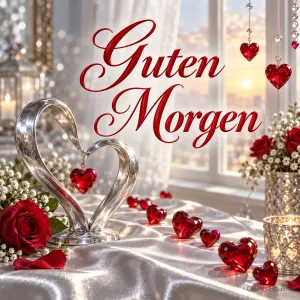Ein silbernes Herz, rote Glasherzen, Rosen und Kerzen stehen vor einem sonnigen Fenster unter "Guten Morgen".