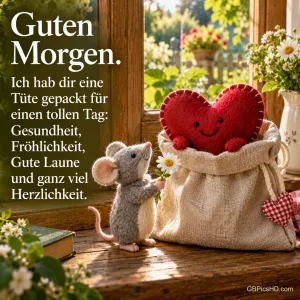 Links steht: "Guten Morgen. Ich hab dir eine Tüte gepackt für einen tollen Tag: Gesundheit, Fröhlichkeit, gute Laune und ganz viel Herzlichkeit."