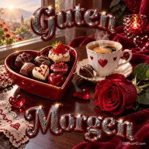 Eine herzförmige Pralinenschachtel, dampfender Kaffee und eine rote Rose stehen zwischen den glitzernden Worten "Guten Morgen".