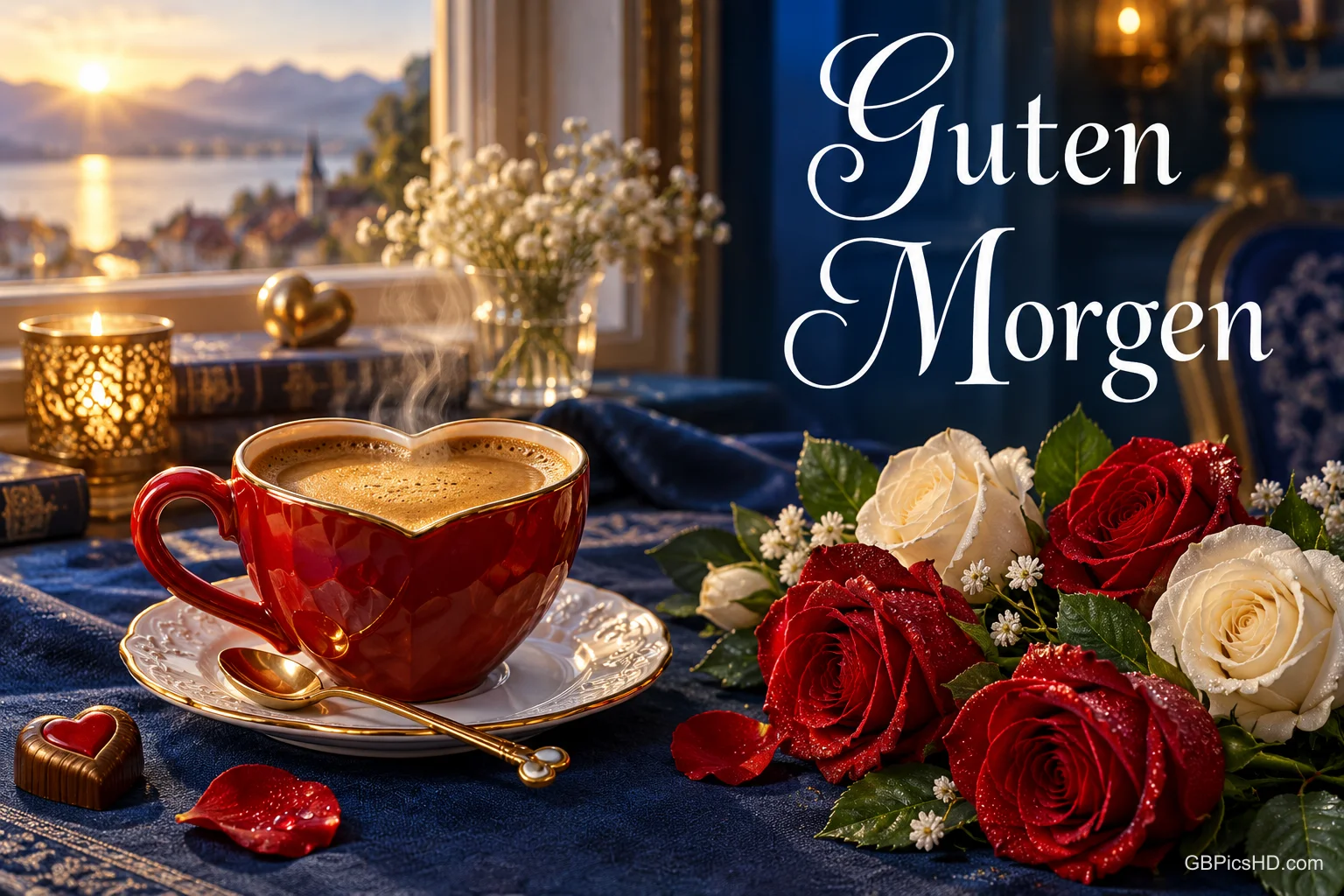 Eine rote Herztasse mit Kaffee, rote und weiße Rosen sowie eine Kerze stehen auf blauem Stoff neben "Guten Morgen".
