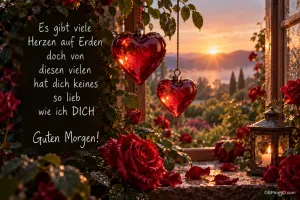 Rote Glasherzen hängen neben Rosen: "Es gibt viele Herzen auf Erden, doch von diesen vielen hat dich keine so lieb wie ich dich. Guten Morgen!".