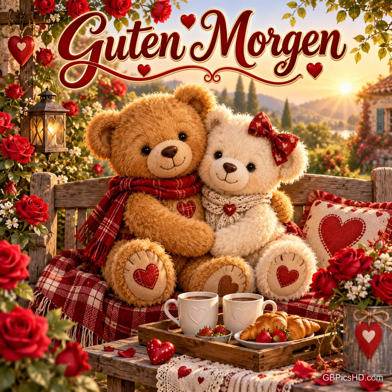 Zwei Teddybären sitzen zwischen roten Rosen auf einer Bank, davor stehen Tassen und Croissants; darüber steht "Guten Morgen".