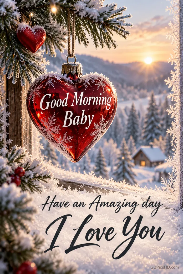 Roter Herzanhänger vor verschneiter Landschaft mit "Good Morning Baby Have an Amazing day I Love You".