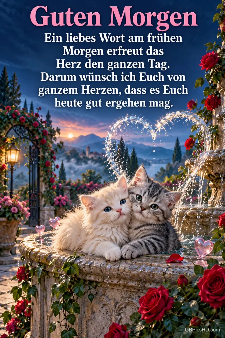 Zwei Kätzchen kuscheln an einem Springbrunnen mit herzförmigem Wasserbogen unter dem Gruß "Guten Morgen".