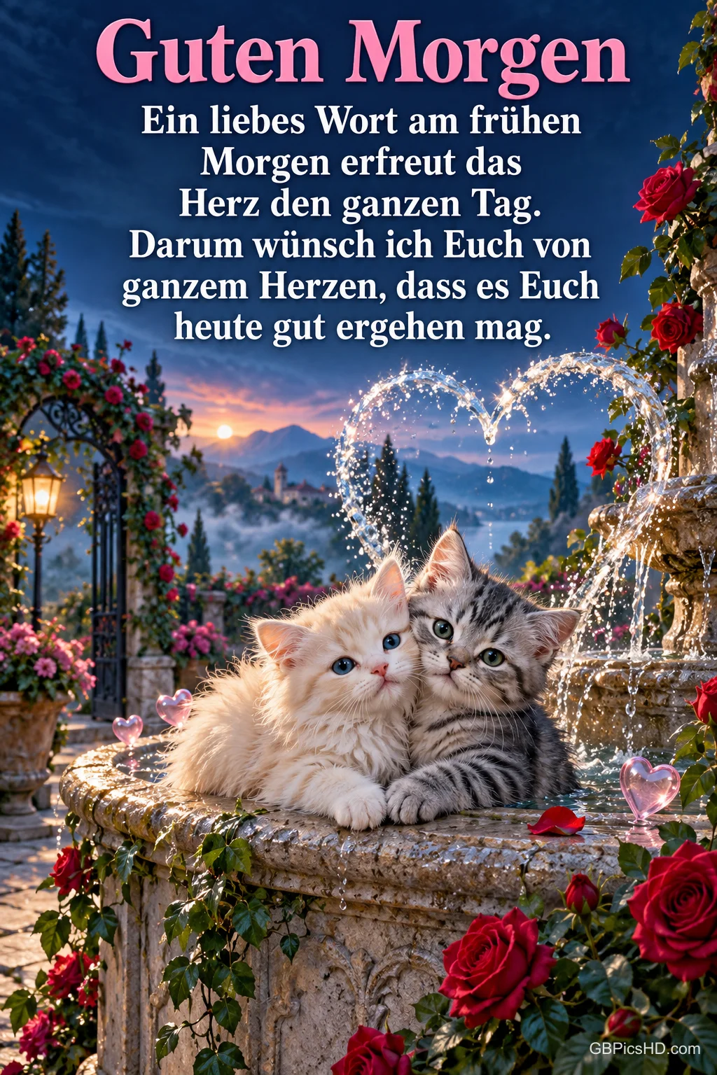 Zwei Kätzchen kuscheln an einem Springbrunnen mit herzförmigem Wasserbogen unter dem Gruß "Guten Morgen".