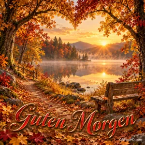 Herbstbäume rahmen einen See im Sonnenaufgang ein; neben dem Uferweg steht eine Holzbank, darunter "Guten Morgen".