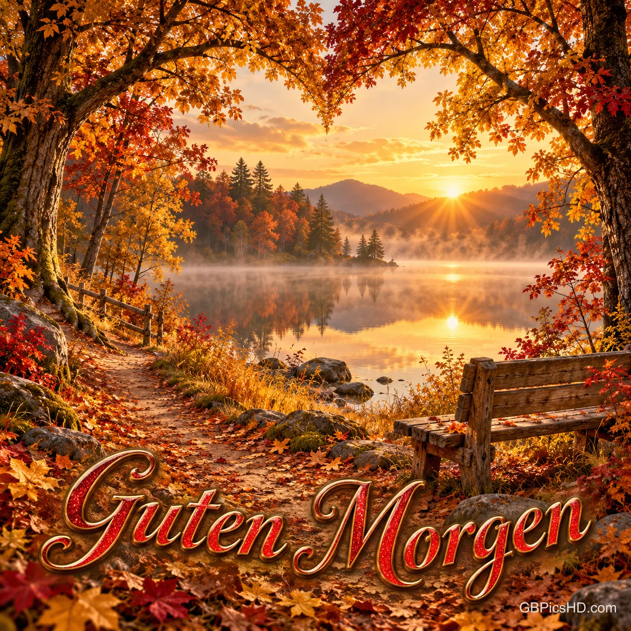 Herbstbäume rahmen einen See im Sonnenaufgang ein; neben dem Uferweg steht eine Holzbank, darunter "Guten Morgen".