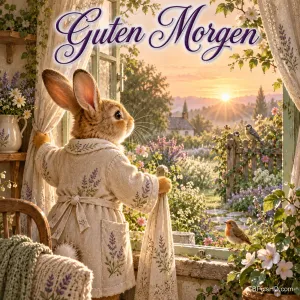 Ein Kaninchen im bestickten Bademantel öffnet Vorhänge zu einem blühenden Garten mit Vögeln; oben steht "Guten Morgen".