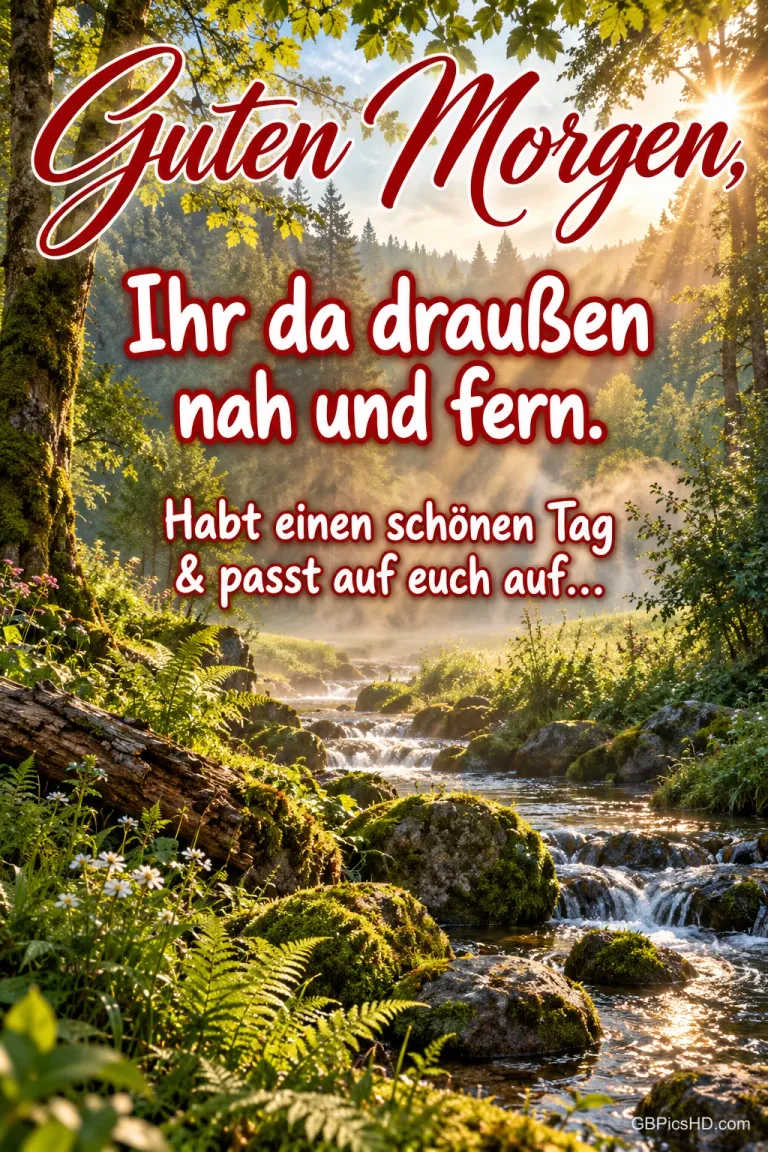 Sonnenstrahlen fallen zwischen Waldbäumen auf einen felsigen Bach; darüber steht "Guten Morgen" mit einem Tageswunsch.