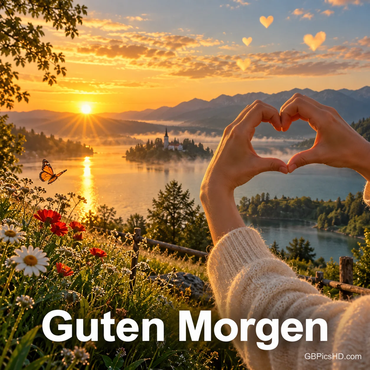Hände formen ein Herz vor einem See im Sonnenaufgang; Blumen, ein Schmetterling und "Guten Morgen" ergänzen die Szene.