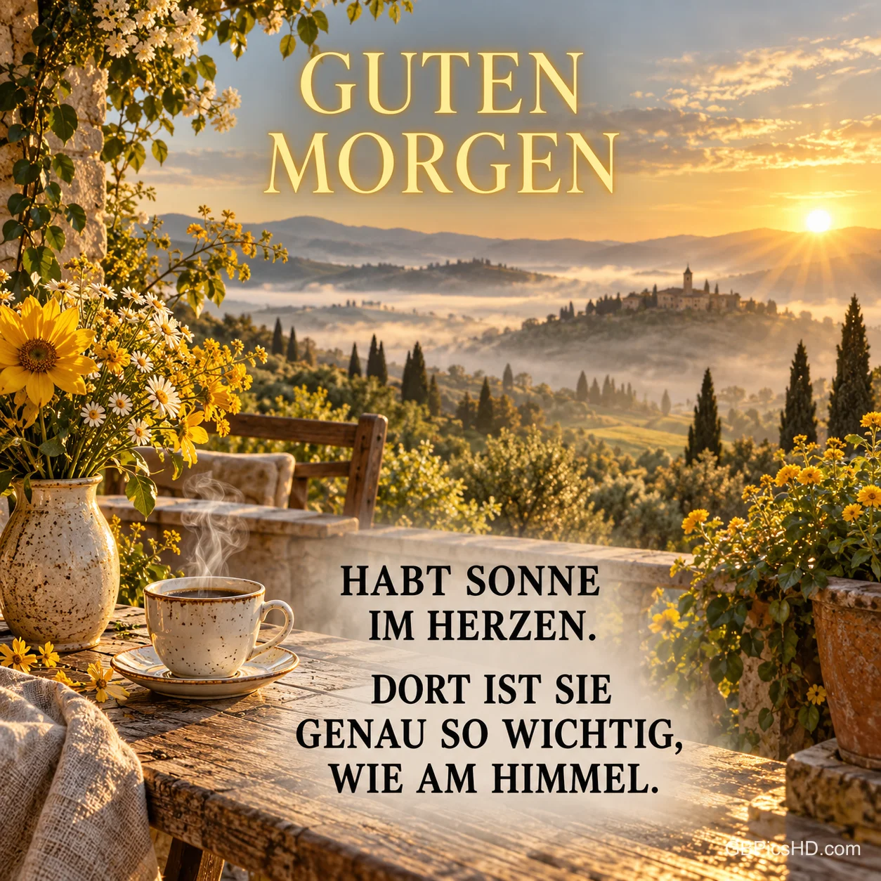 Eine dampfende Kaffeetasse und gelbe Blumen stehen auf einem Tisch vor sonnigen Hügeln; dazu "Guten Morgen" und ein Herzensspruch.