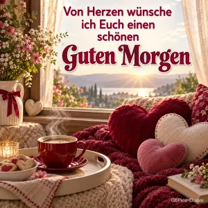 Kaffee, Kekse und Herzkissen am Fenster im Morgenlicht mit "Von Herzen wünsche ich Euch einen schönen Guten Morgen".