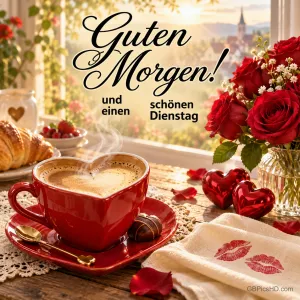 Eine rote Herztasse mit Kaffee, rote Rosen und Herzdeko am Fenster mit "Guten Morgen! Und einen schönen Dienstag".