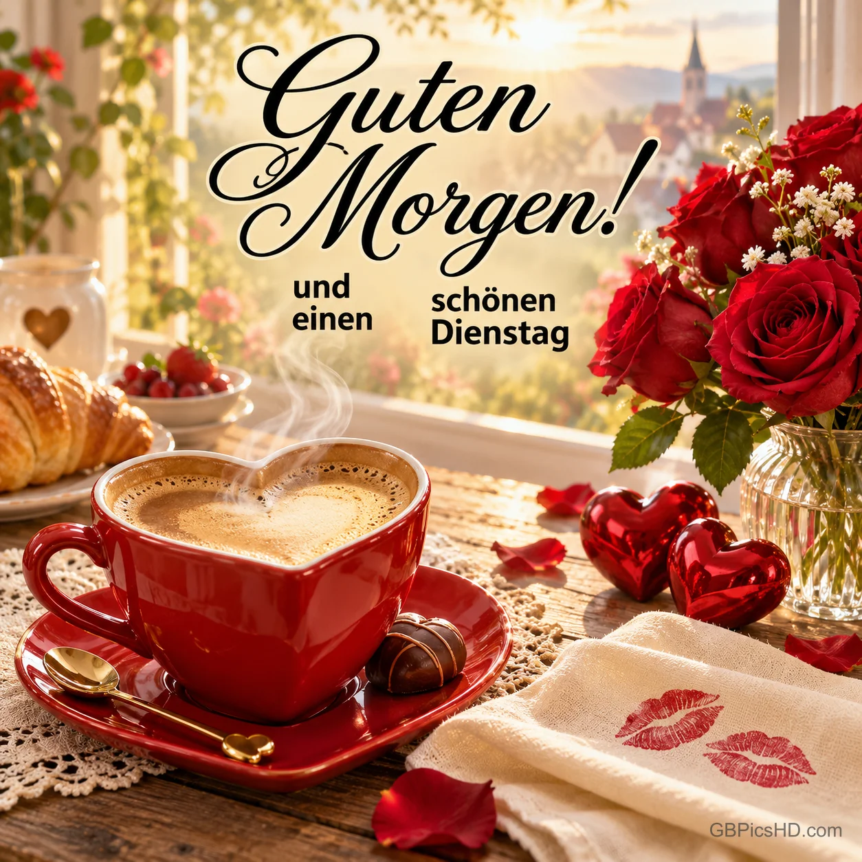 Eine rote Herztasse mit Kaffee, rote Rosen und Herzdeko am Fenster mit "Guten Morgen! Und einen schönen Dienstag".