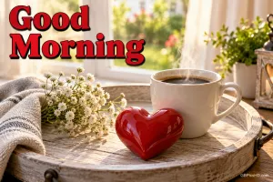 Eine weiße Kaffeetasse, ein rotes Dekoherz und kleine weiße Blumen auf einem Holztablett mit "Good Morning".