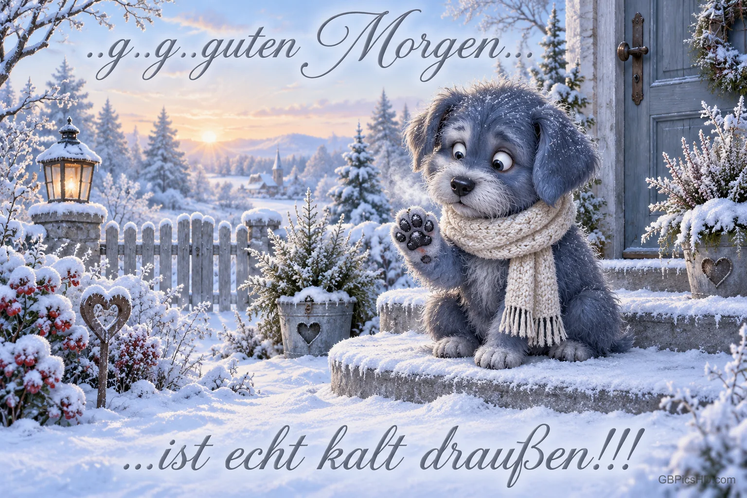 Ein kleiner grauer Hund mit Schal sitzt auf verschneiten Stufen mit "..g..g..guten Morgen... ...ist echt kalt draußen!!!".