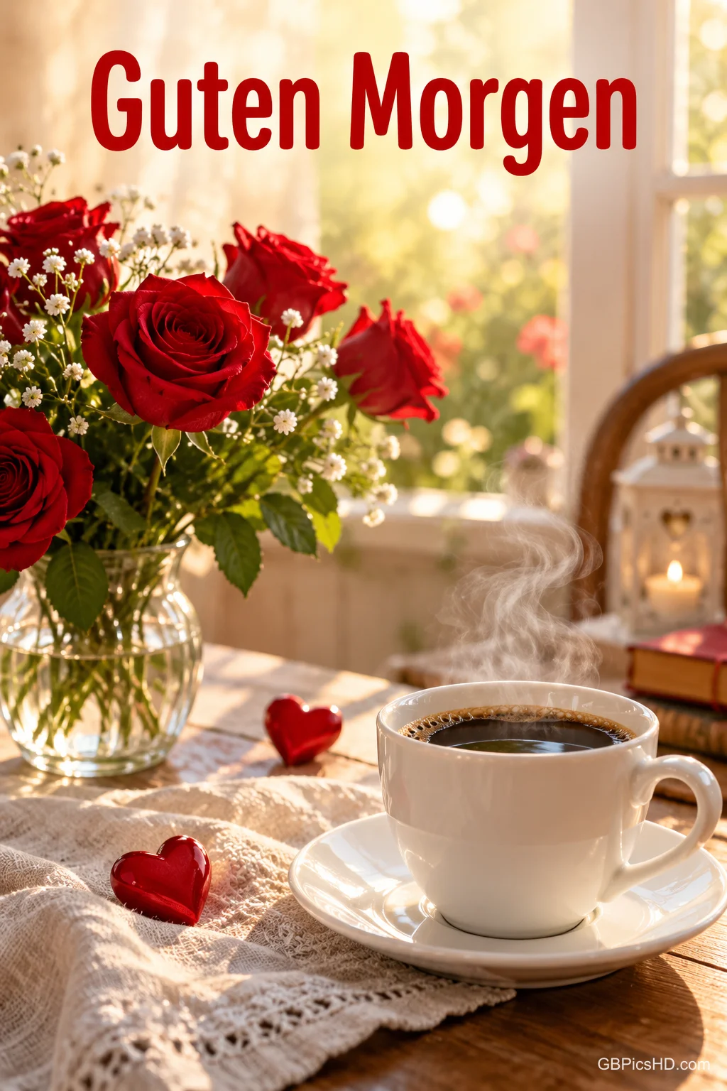 Eine dampfende Tasse Kaffee steht neben roten Rosen und kleinen Herzen im Sonnenlicht: "Guten Morgen".
