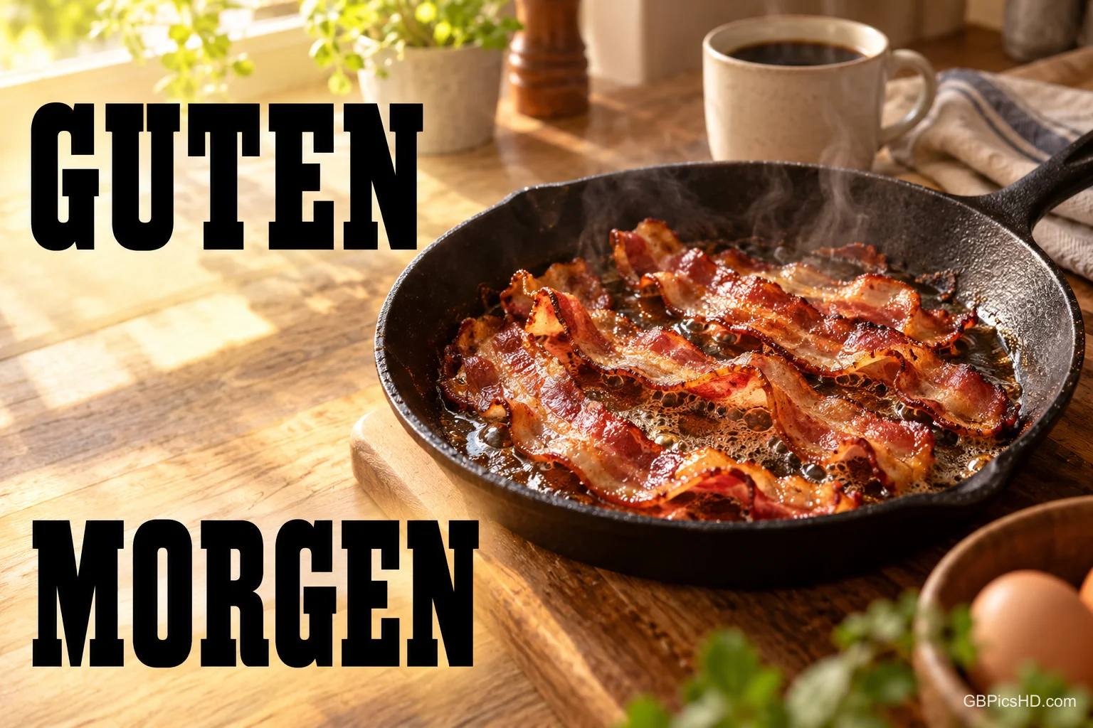 Knuspriger Speck brutzelt in einer Pfanne auf dem Holztisch, dahinter steht eine Tasse Kaffee: "GUTEN MORGEN".