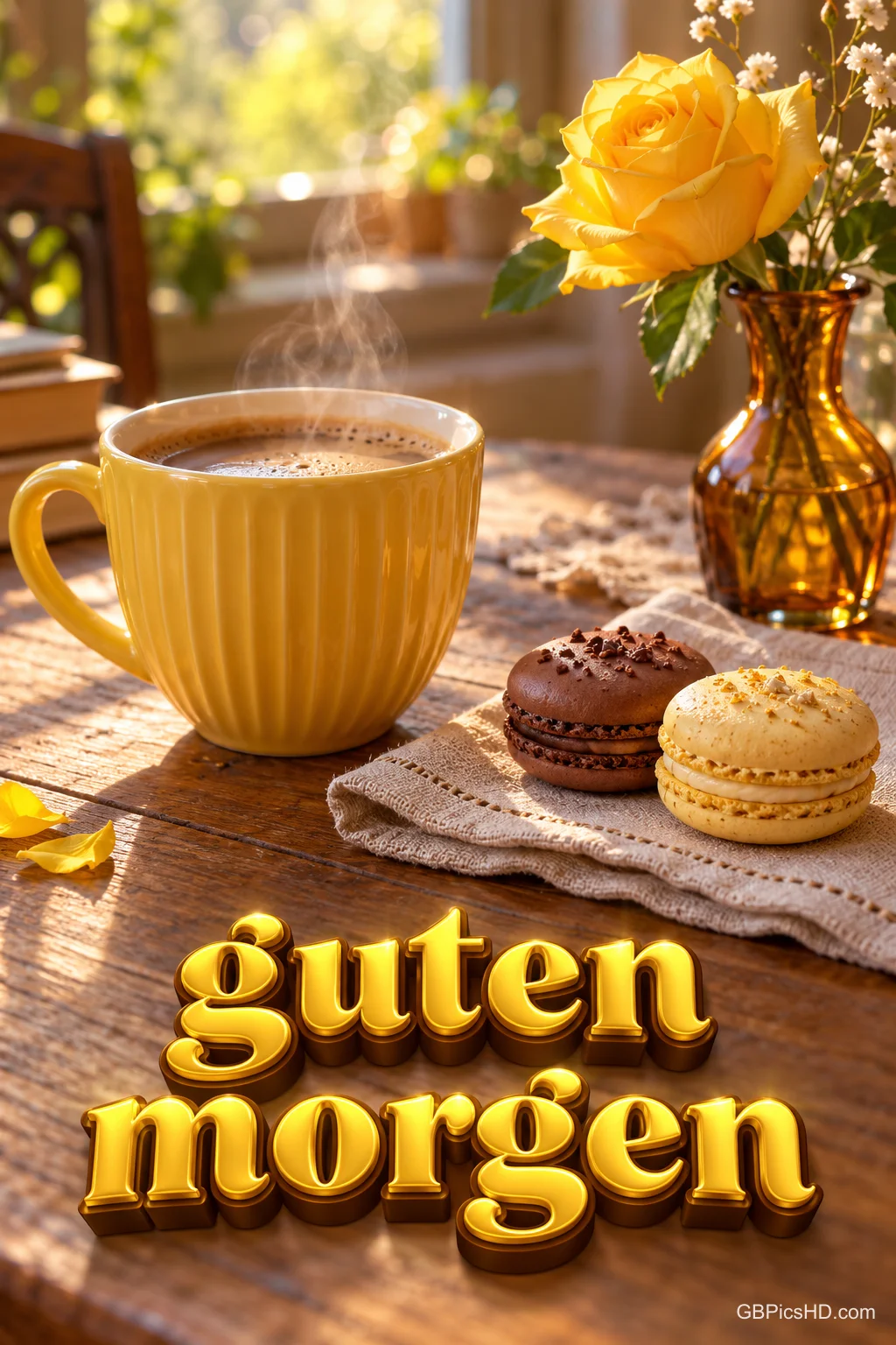 Eine gelbe Kaffeetasse, eine gelbe Rose und zwei Macarons auf einem sonnigen Holztisch mit goldenem "Guten Morgen".