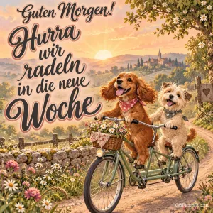 Zwei fröhliche Hunde fahren auf einem Tandem durch eine blühende Landschaft: "Guten Morgen! Hurra, wir radeln in die neue Woche".