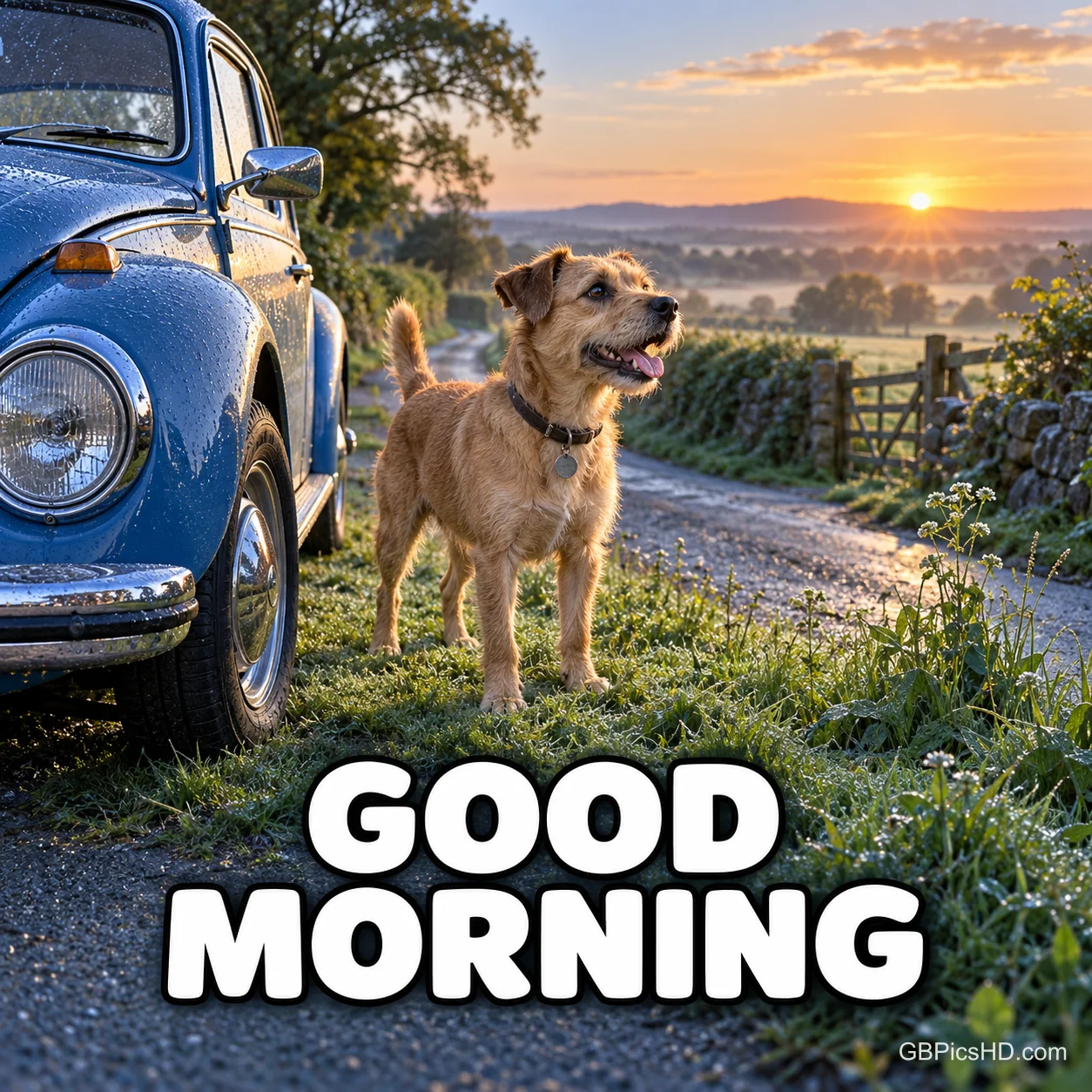 Ein brauner Hund steht neben einem blauen Oldtimer an einem Feldweg im Sonnenaufgang mit "GOOD MORNING".