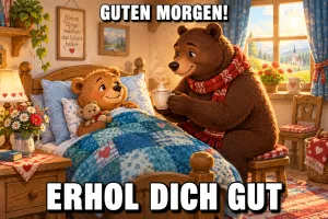 Ein großer Bär reicht einem kleinen Bären im Bett eine Tasse zu "Guten Morgen! Erhol dich gut".