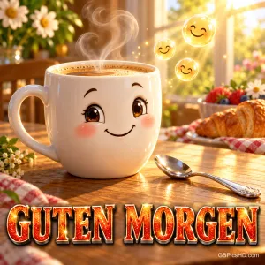 Eine lächelnde Kaffeetasse, drei gelbe Lachgesichter und ein Croissant im Sonnenlicht mit "GUTEN MORGEN".