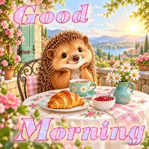 Ein lächelnder Igel sitzt mit Kaffee, Croissant und Marmelade am blumengeschmückten Frühstückstisch mit "Good Morning".