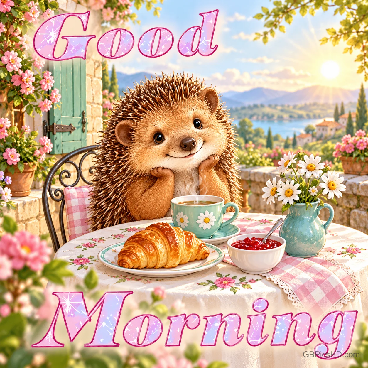 Ein lächelnder Igel sitzt mit Kaffee, Croissant und Marmelade am blumengeschmückten Frühstückstisch mit "Good Morning".